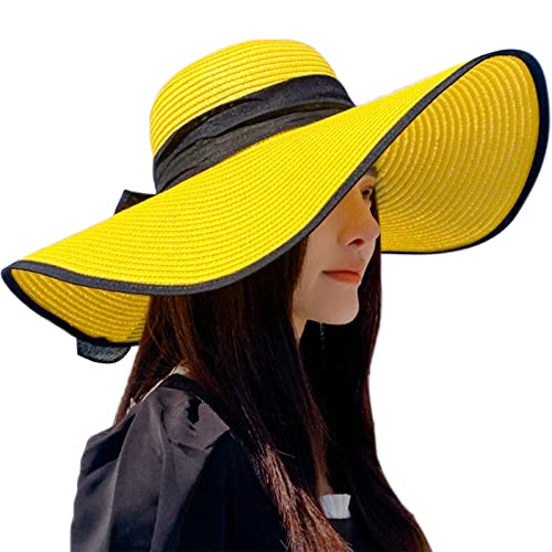 Womens Bowknot Straw Hat Foldable Beach Sun Hat Roll up UPF 50+ (Big Bow / Yellow+black 5.9" Brim)