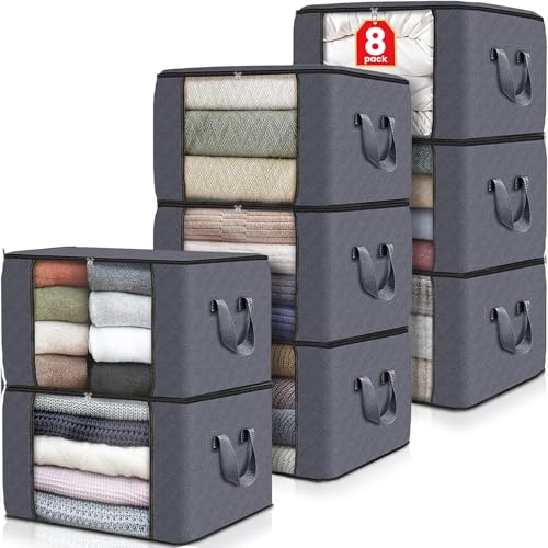 8 Pack Storage Bags for Clothes Blanket Storage Bins with Lids (8 Pack-60l / Grey)