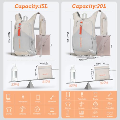15L Small Hiking Backpack for Men Women Foldable Packable Back Pack Ultralight Hiking Daypack for Travel Camping Outdoor (Beige / 15L)