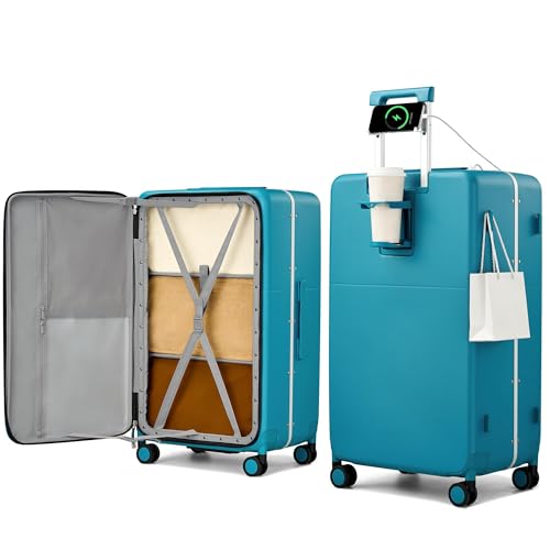 28 Inch Top Opening Checked Luggage with Cup Holder and USB Ports (Caribbean Blue / 28 Inch Pro)