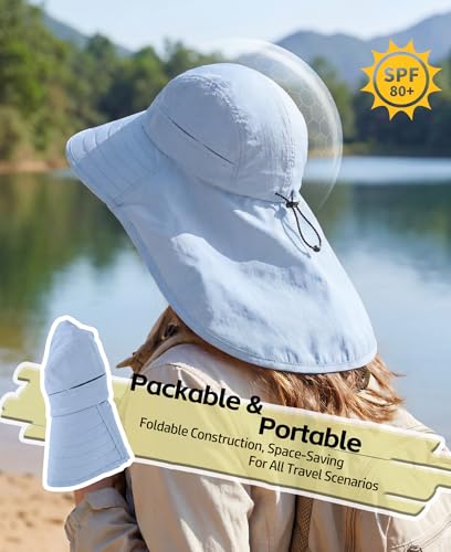 UPF 80+ Sun Hat for Men Women Wide Brim Sun Hat with Neck Flap Summer Beach UV Protection Gardening Fishing Hat (Soft Blue)