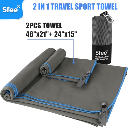 2 Pack Microfiber Travel Towel (M 48"x21"+24"x15" / Grey)