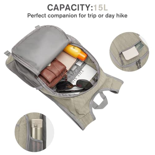 10 15L Small Rucksack Foldable Backpack Lightweight Packable Daypack Travel Outdoor Hiking Shoulder Bag (Beige / 15L)