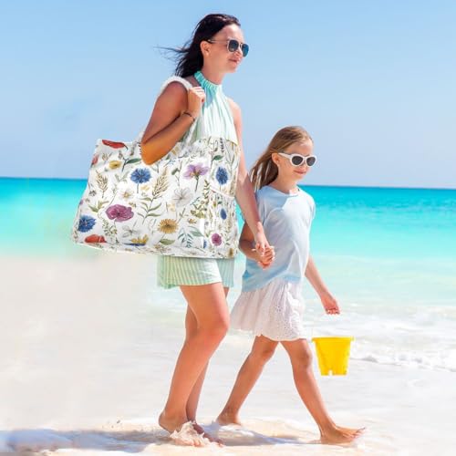 Large Beach Bags Totes Canvas Tote Shoulder Bag Soft Wave Water Resistant Bags for Gym Travel Daily Ocean (Hand Drawn Flowers)