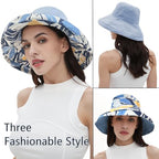 Womens Sun Hats Wide Brim Reversible Bucket Cotton Hat Packable Summer Travel Cap with Hat Clip (Medium / Blue2)