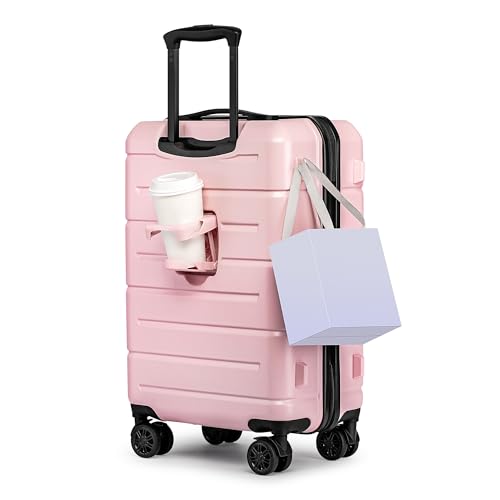 Carry On Luggage 22x14x9 Airline Approved Hardshell Carry On Suitcases with Wheels Travel Rolling 20 Inch Luggage with Cup Holder for Women (Light Pink / Carry-On 22-Inch（non-expandable）)