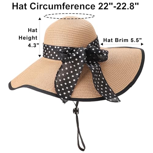 Wide Brim Sun Hat for Women Floppy Straw Hat Summer Beach Hats Fashionable Trendy Hats Sun Protection UPF 50+ (1 Pc：black Edge Khaki+white Dot Hat, 4.7" Brim)