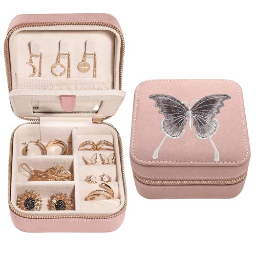 Travel Jewelry Organizer Boxes for Women Small Portable Necklace Earrings Bracelet Rings Travel Case Best Friend Birthday Gifts for Women Trendy (Butterfly_Pink_Gray)