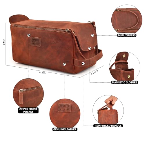 Genuine Leather Toiletry Travel Bag For Men & Women (Red Brown / 10"X5")