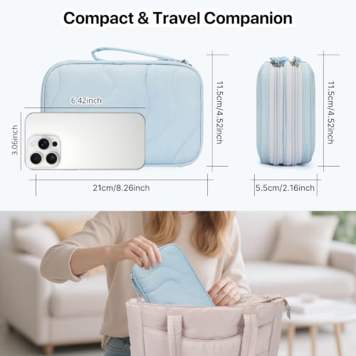 Tech Pouch Lightweight Electronics Organizer Travel Case (Wavy Pattern-Light Blue / L)