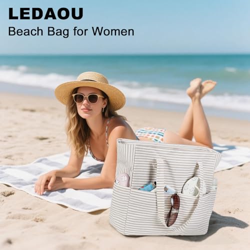 Beach Bag Sandproof Women Tote Bag Pool Bag with Zipper for Gym Grocery Travel with Wet Pocket (Khaki Stripe)