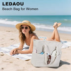 Beach Bag Sandproof Women Tote Bag Pool Bag with Zipper for Gym Grocery Travel with Wet Pocket (Khaki Stripe)