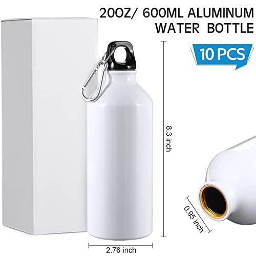 10 Pcs Aluminum Water Bottle 20 oz Reusable Bottles Lightweight Leak Proof Aluminum Sports Travel Bottles with Twist Cap Buckle for Gym (White)