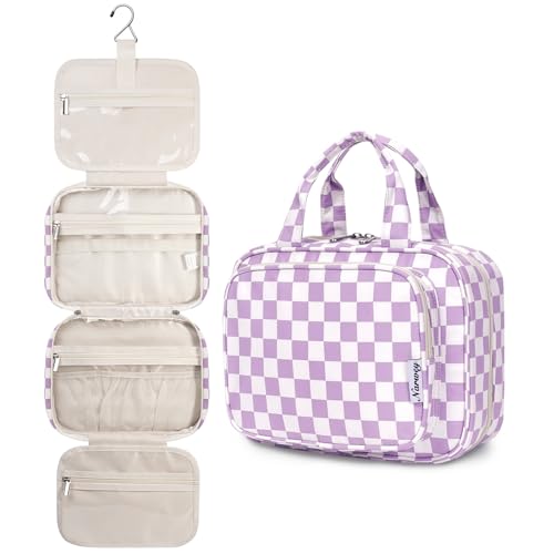 Hanging Toiletry Bag for Women (B-Purple Checkerboard / Medium)