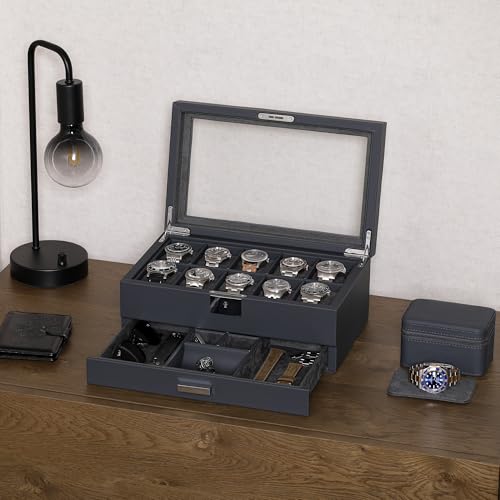10 Slot Watch Box in Leather with Valet Drawer (Carbon)