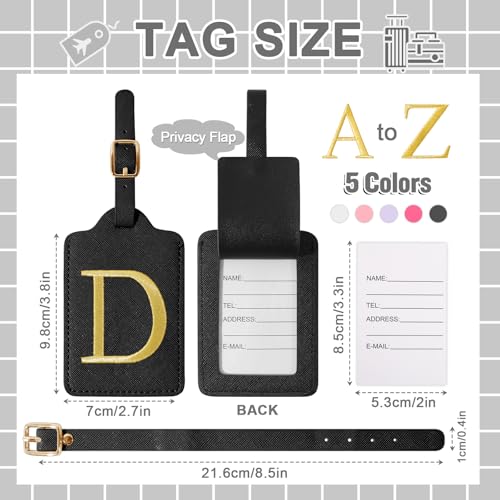 Personalized Initial Luggage Tags for Suitcase TSA Approved (Black Leather,glod Letter / D)