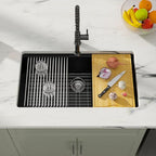 Matte Black Quartz Kitchen Sink 33” Undermount Single Bowl (Black-Workstation / 33"x19")