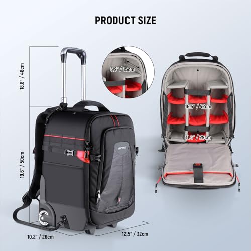 2-in-1 Rolling Camera Backpack Trolley Case - Anti-shock Detachable Padded Compartment, Hidden Pull Bar, Durable, Waterproof for Camera,Tripod,Flash Light,Lens,Laptop for Air Travelling(Black) (Nw-da410t)