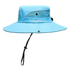 Womens Summer Sun Hat Beach Hat Wide Brim Outdoor UV Protection Hat Foldable Cool Mesh Ponytail Bucket Hat (6-7 / Pure Sky Blue)