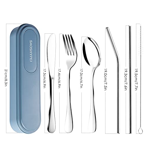 7 Piece Travel Utensils Set with Case and Straws (Blue)