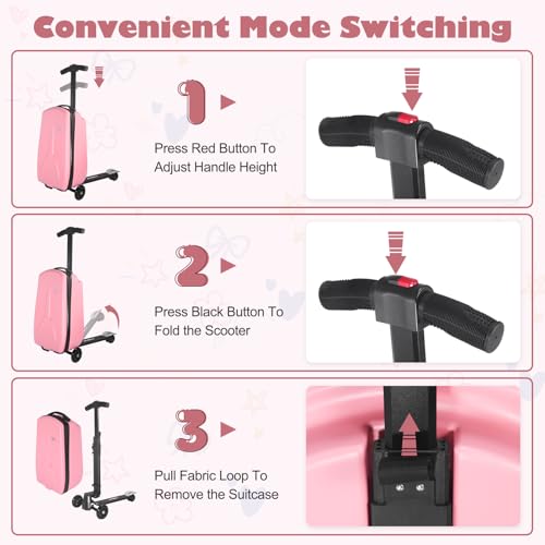 Scooter Suitcase for Kids Detachable & Foldable Carry On Suitcase (Pink)