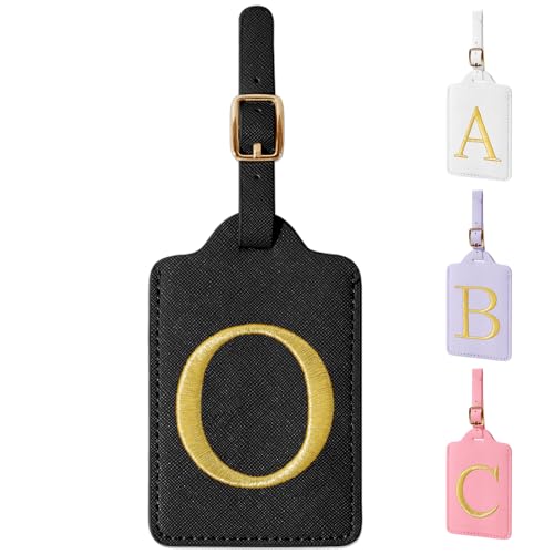 Personalized Initial Luggage Tags for Suitcase TSA Approved (Black Leather,glod Letter / O)