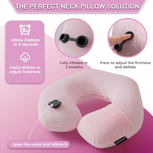 Inflatable Travel Neck Pillow for Airplane to Relieve Neck Pain (Soft Pink / Medium)
