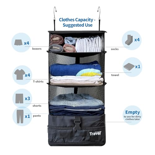 Stow-N-Go Hanging Travel Shelves, Packing Organizer for Luggage. Carry on Closet for Suitcase. Expandable Packing Cube. Travel Essentials. (Black - L, L = (L) 11.8" x (W) 11.8") (Black / L = (L) 11.8" x (W) 11.8")