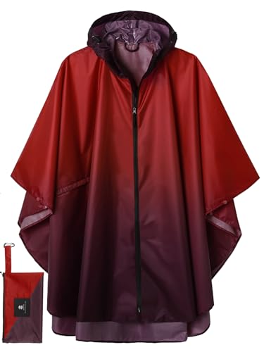 Adult Rain Poncho Waterproof Hooded Zipper Raincoat with Pockets (One Size / Gradient Burgundy)