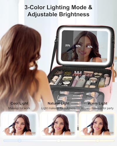 Large Makeup Case with LED Mirror (01-Pink / 3-Large)