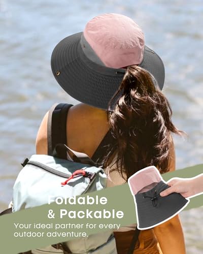 Womens Sun Hat with Ponytail Hole Beach Hiking Summer Wide Brim UPF 50+ Outdoor Protection Foldable Bucket Hat Pink (Pink-grey)
