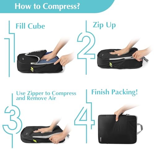 6 Piece Compression Packing Cubes with Shoe Bag (6-Black / 6 Set)