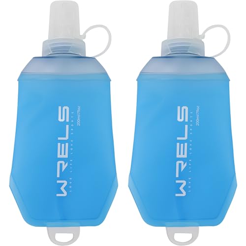 200ml/350ml/500ml Collapsible Soft Flask,BPA Free Folding Soft Water Bottle with Hanging Ring,Lightweight TPU Hydration Flask for Running Marathon Cycling Hiking(200ml-2 Packs) (Blue-200ml*2)