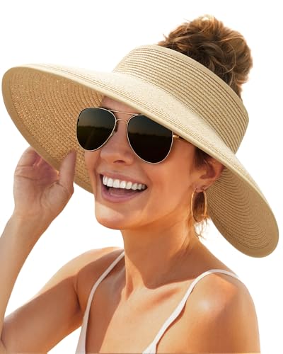 Womens Sun Hat with Ponytail Hole Wide Brim Beach Straw Visor (Medium / Beige Khaki Mix)