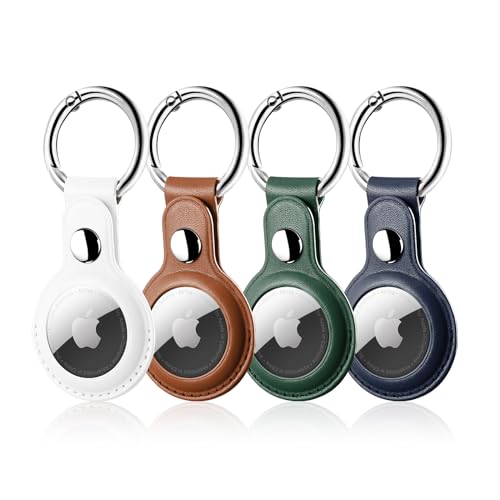 4 Pack Leather Holder Keychain for AirTag 2nd & 1st Gen with Key Ring (Dark Blue/Green/Brown/White)