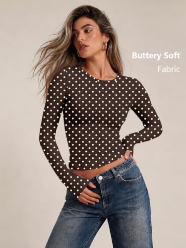 Womens Long Sleeve Shirts Basic Compression Tops Brown Dots L (Large / Brown Dots)