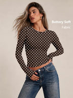 Womens Long Sleeve Shirts Basic Compression Tops Brown Dots L (Large / Brown Dots)
