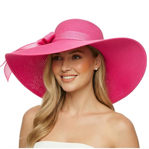 Womens Big Bowknot Straw Hat Foldable Sun Hats Floppy Beach Hat Large Roll up Cap UPF 50+ (Deep Pink / 5.5" Brim, 1 Pack)