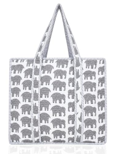 100% Cotton Quilted Tote Bag For Women (White Gray Elephant Print)