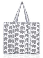 100% Cotton Quilted Tote Bag For Women (White Gray Elephant Print)