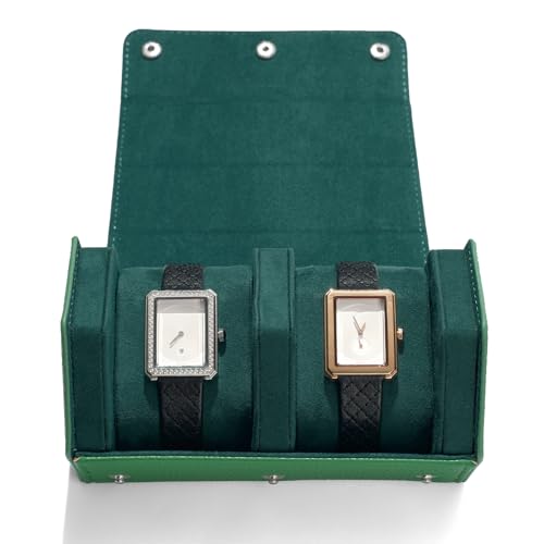 Green Leather Watch Roll Travel Case for Men (Green / 2-Slot)