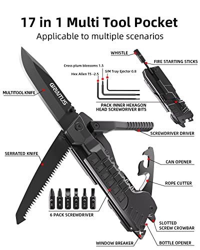 17 in 1 Multitool Knife Fire Starting Stick Bottle Opener Saw for Camping (Black)