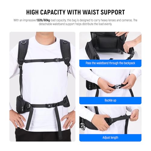 2 in 1 Camera Roller Bag with Detachable Shockproof Dividers Retractable Handle Waistband Rain Cover Water Resistant Robust Carry On Backpack for Camera Tripod Flash Lens Laptop (Pb027)