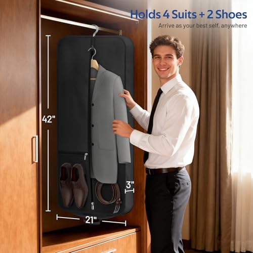 Carry On Garment Bags for Travel with Shoe Compartment 42'' Suit Travel Bags for Men Heavy duty Fabric Luggage Hanging Bag for Clothes Suit Carrier with Shoulder Strap for Business Trips