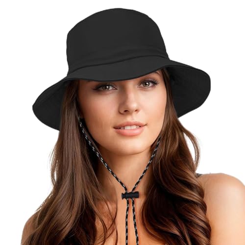 Waterproof Bucket Hats for Woman UPF 50+ Sun Hat Black (Black)