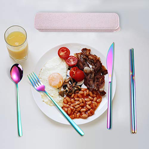 6 Pieces 18 8 Stainless Steel Flatware Set Portable Reusable Cutlery Set Travel Utensils Set Including Chopsticks Knife Fork Spoon Straws Cleaning Brush Dishwasher Safe (Multicolor)