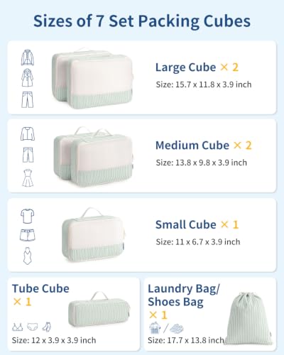 Packing Cubes for Travel (Mint Green Stripe / 7 Set)