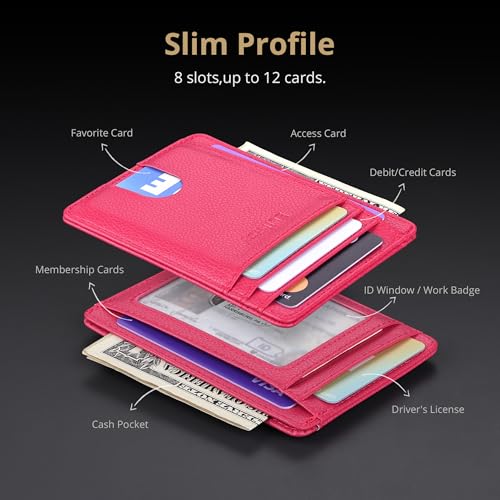 Slim Minimalist Front Pocket RFID Blocking Leather Wallets for Men and Women (Small / Lichee Red)