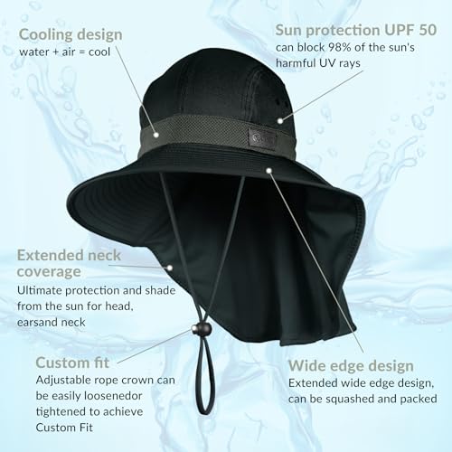 Cooling Sun Hat for Men Women UPF50+ Wide Brim Fishing Hat with Neck Flap Adjustable Foldable Bucket Hat for Hiking Black (Black)