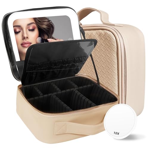 Travel Makeup Bag Cosmetic Bag Makeup Organizer Bag with Lighted Mirror (FleshColor / Woven)